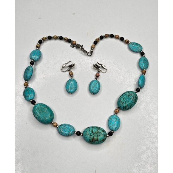 Faux Turquoise and Wood Choker Beaded Necklace and Clip-On Earring Set - Picture 1 of 5